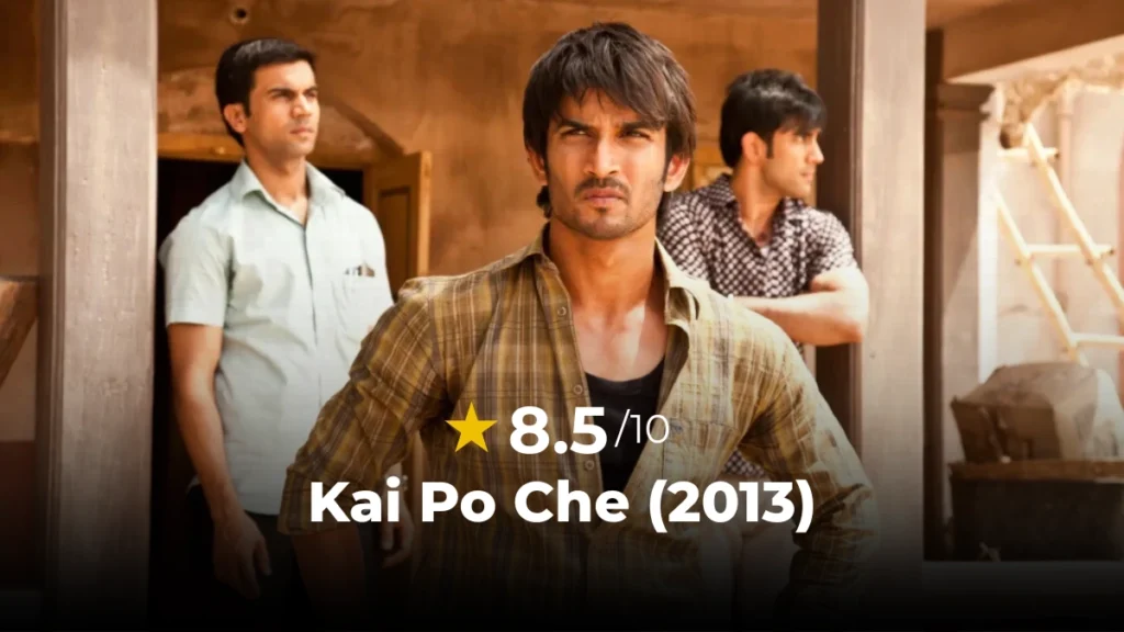 Sushant Singh Rajput, Rajkummar Rao, and Amit Sadh standing together as the three friends in Kai Po Che Review.