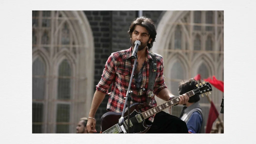Ranbir Kapoor performing with a guitar in the song Sadda Haq from the movie Rockstar, representing the best Hindi films of the decade.