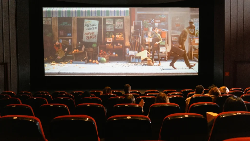 Audience sitting in a movie theatre watching a film on the big screen.