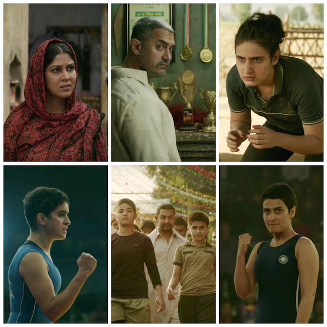 dangal-aamir-khan-phogat-sisters Collage of Aamir Khan, Fatima Sana Shaikh, Sanya Malhotra, Zaira Wasim, Suhani Bhatnagar, and Sakshi Tanwar in the movie Dangal.