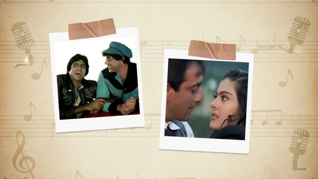 Polaroid collage featuring scenes from the movies Ram Balram (1980) and Dushman (1998) on a vintage musical background.