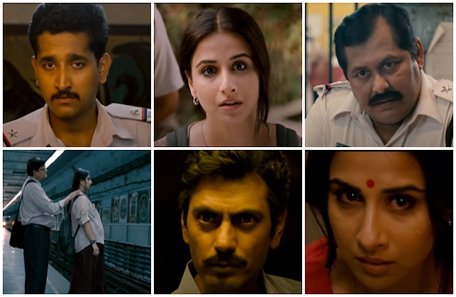kahaani-vidya-balan-thriller Collage of Vidya Balan, Nawazuddin Siddiqui, Parambrata Chattopadhyay, and Saswata Chatterjee in the movie Kahaani.