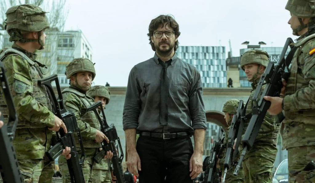 The Professor surrendering to the military outside the Bank of Spain in the series finale.