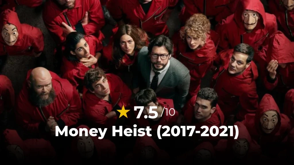 Money Heist Review - The Professor and the gang standing together in red jumpsuits.