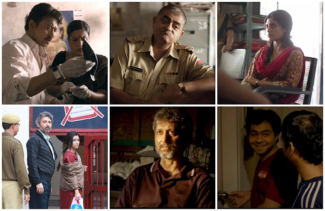 talvar-irrfan-khan-neeraj-kabi Collage of Irrfan Khan, Konkana Sen Sharma, Neeraj Kabi, and Gajraj Rao in the movie Talvar.