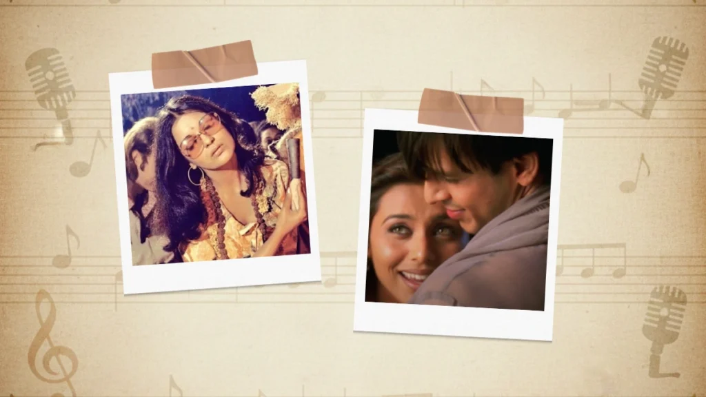 A polaroid collage of Zeenat Aman in Dum Maro Dum song and Rani Mukerji-Vivek Oberoi in Chupke Se.