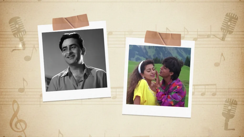 A polaroid collage of Raj Kapoor in Sab Kuch Seekha Humne and Shah Rukh Khan with Juhi Chawla in Tu Mere Saamne.