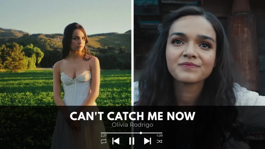 Split screen visual comparing Olivia Rodrigo and Lucy Gray Baird from The Hunger Games: The Ballad of Songbirds and Snakes, with a music player overlay emphasizing the emotional 2:27 mark of the song Can't Catch Me Now.