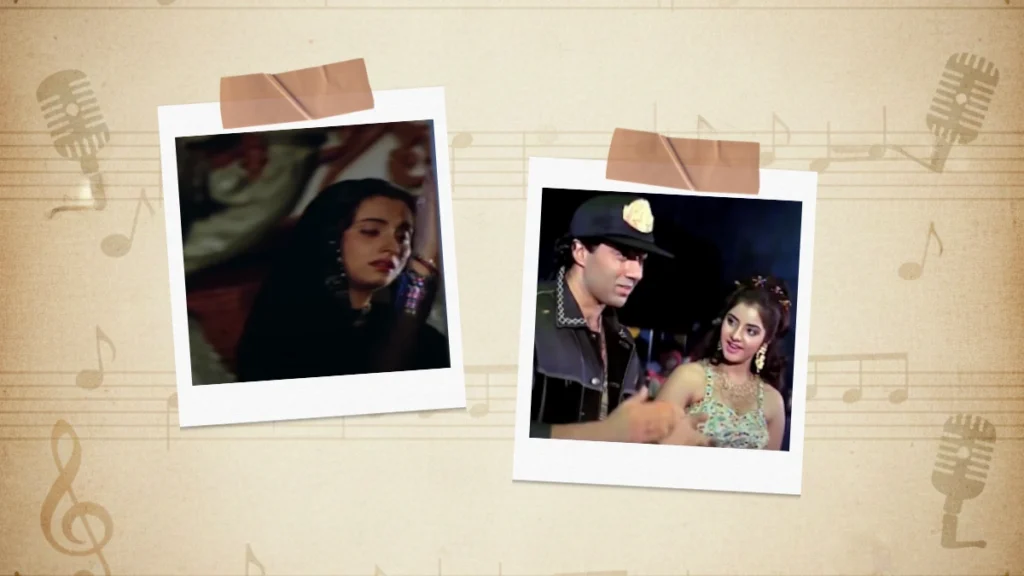 A polaroid collage of Salma Agha in Dil Ke Armaan Aansuon Mein and Divya Bharti in Saat Samundar Paar.