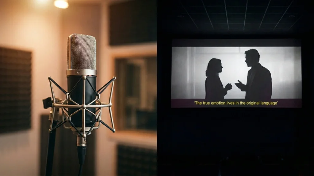 Subs vs dubs debate showing a dubbing microphone next to a movie theater screen with subtitles.
