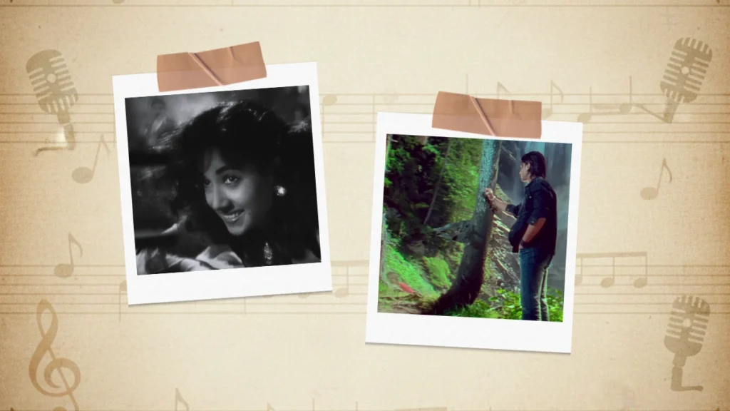 A polaroid collage of Babuji Dheere Chalna and Juda Hoke Bhi classic Hindi songs.