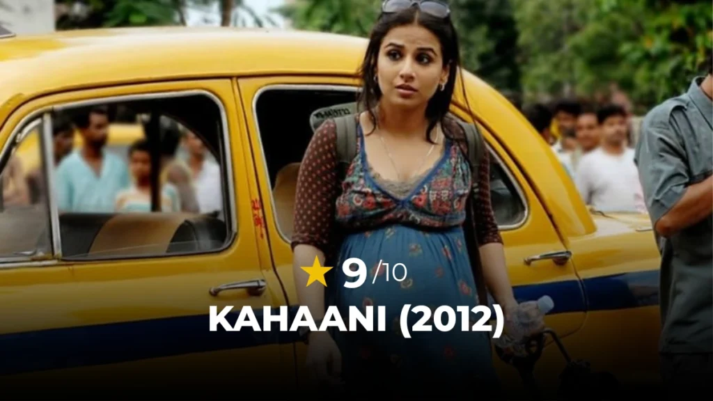 Vidya Balan standing next to a yellow Kolkata taxi in my Kahaani movie review.