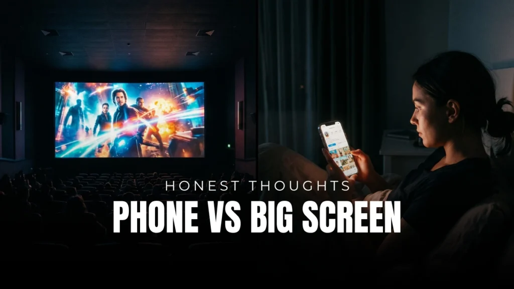 A split screen showing a large theatre screen next to a person watching a movie on a mobile phone.