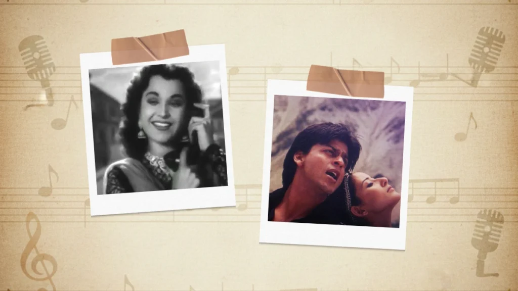 A polaroid collage of Shamshad Begum in Mere Piya Gaye Rangoon and Shahrukh Khan in Satrangi Re.