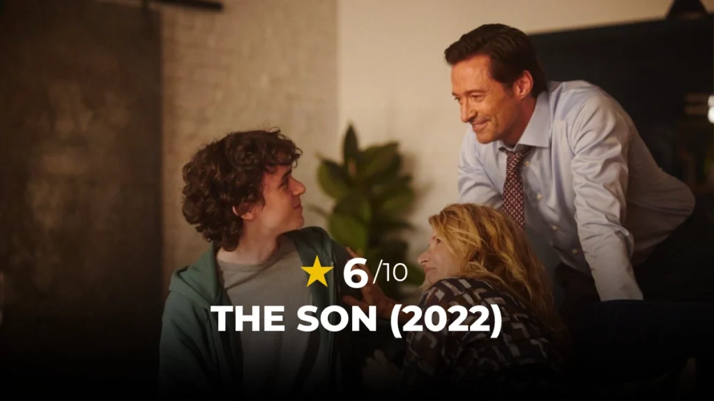 Hugh Jackman, Laura Dern, and Zen McGrath smiling together in a scene featured in The Son movie review.