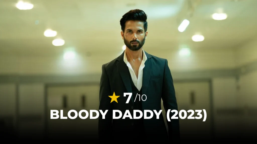 Shahid Kapoor walking with an angry face in a hotel corridor, a standout moment from this Bloody Daddy movie review.