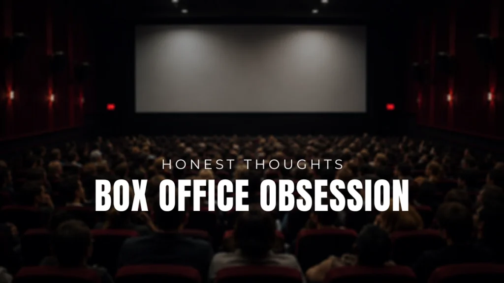 A dark movie theater background representing box office obsession for movie fans.