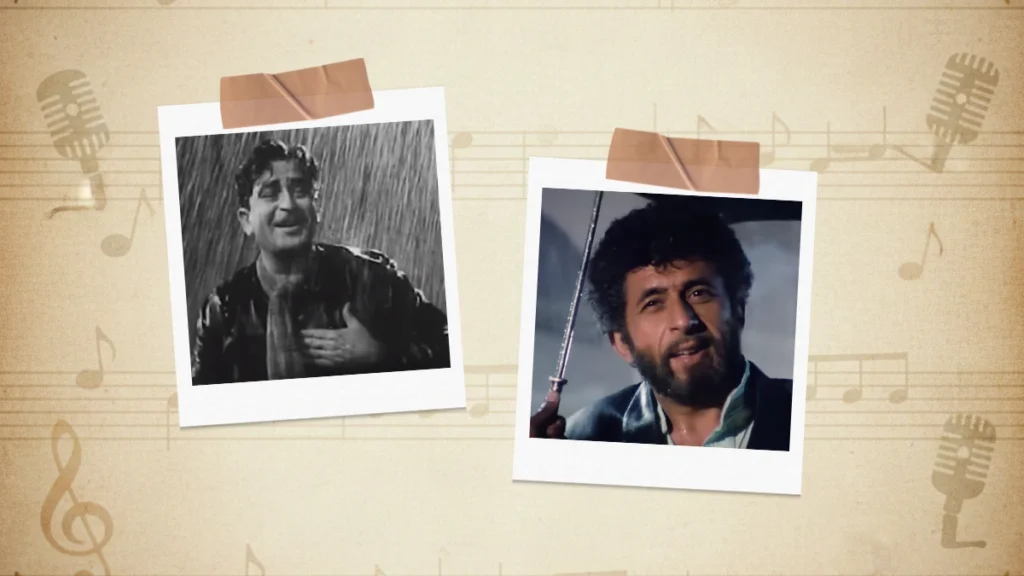 A polaroid collage of Dum Dum Diga Diga and Barsaat Ke Mausam Mein classic Hindi rain songs.