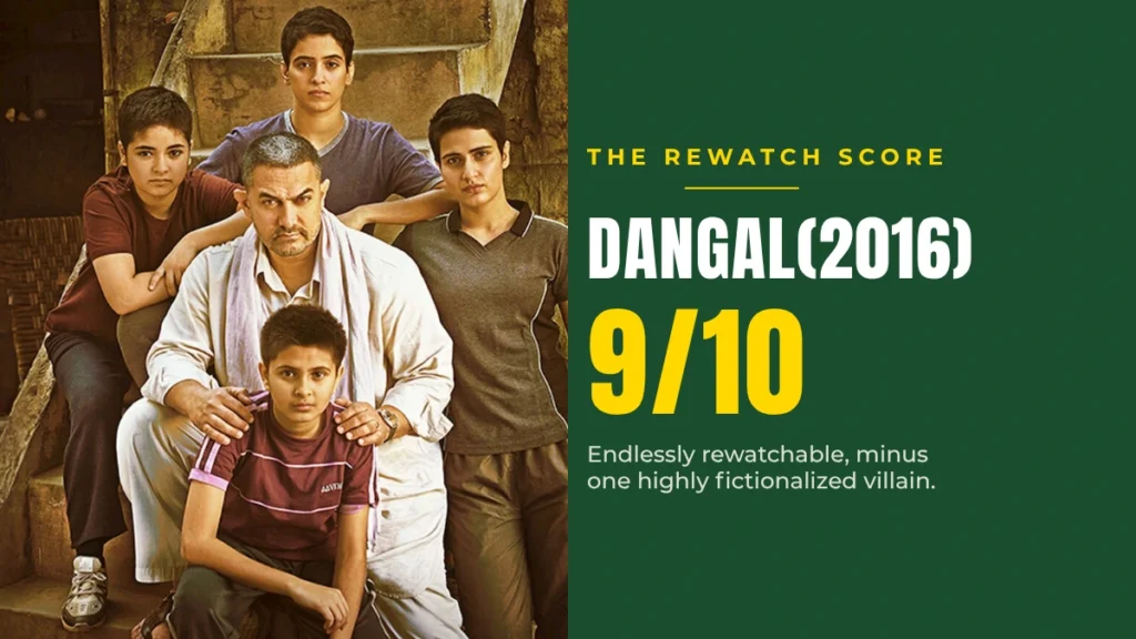 Mahavir with young and adult Geeta and Babita showing my exact Dangal rewatch score of 9 out of 10.