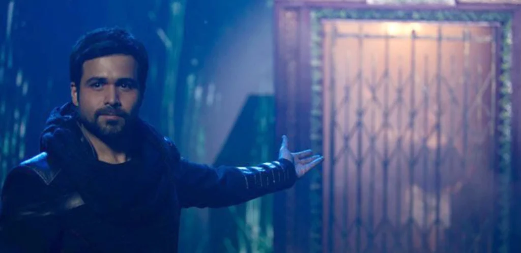 Ek Thi Daayan Emraan Magic Stage Emraan Hashmi performing a magic trick on a stage in front of a lift in Ek Thi Daayan.
