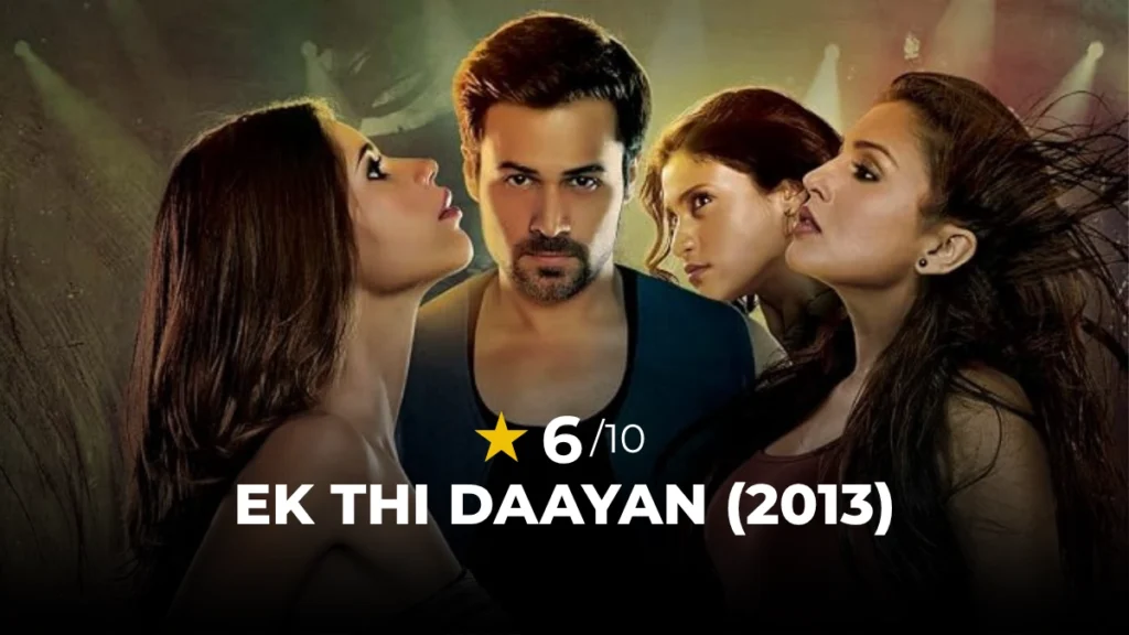 Emraan Hashmi posing with Huma Qureshi, Kalki Koechlin, and Konkona Sen Sharma in the Ek Thi Daayan review movie poster.