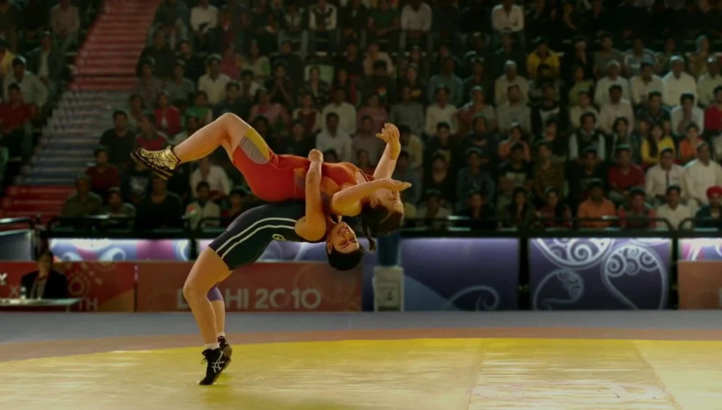 Geeta Phogat executing the winning 5 point move, a moment that adds to my high Dangal rewatch score.