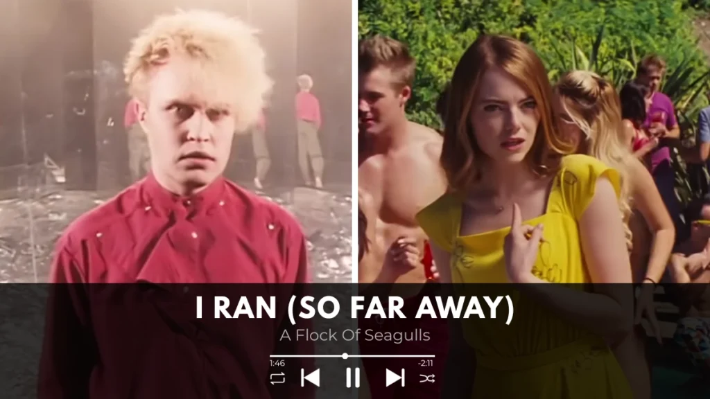 A Flock of Seagulls singer Mike Score on the left, Emma Stone dancing in La La Land on the right, with a Spotify player showing the I Ran song in the center.