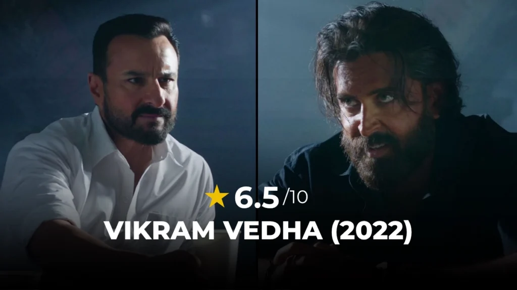A split screen showing Saif Ali Khan and Hrithik Roshan looking at each other during the interrogation scene in the Vikram Vedha review.